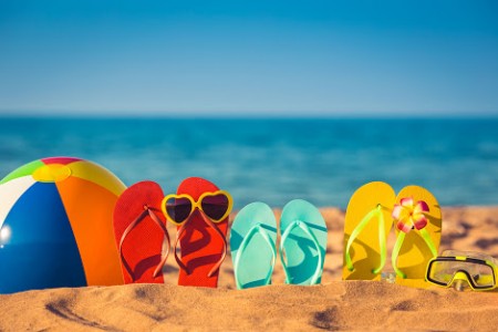 yarruta150500126.jpg - flip-flops, beach ball and snorkel on the sand. summer vacation concept